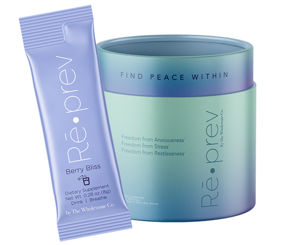 Re•prev supplement packaging with a blue container and purple packet on a white background for relief from Anxiousness, Stress and Restlessness