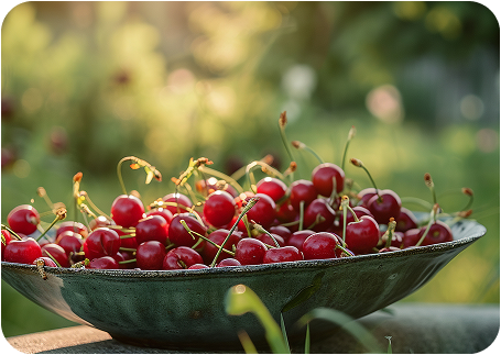 Basket of red tart cherries with a blurred green background