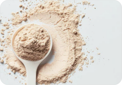 Spoonful of GABA powder on a white background. GABA is the brain's primary inhibitory neurotransmitter and helps dampen excessive neural activity and reduce stress-related symptoms.
